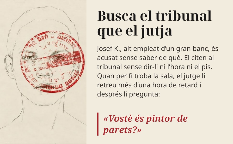 Busca el tribunal que el jutja. Josef K., alt empleat d’un gran banc, és acusat sense saber de què. El citen al tribunal sense dir-li ni l’hora ni el pis. Quan per fi troba la sala, el jutge li retreu més d’una hora de…