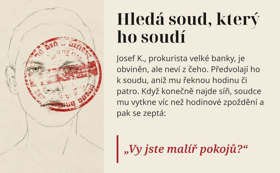 Hledá soud, který ho soudí. Josef K., prokurista velké banky, je obviněn, ale neví z čeho. Předvolají ho k soudu, aniž mu řeknou hodinu či patro. Když konečně najde síň, soudce mu vytkne víc než hodinové zpoždění a pak…