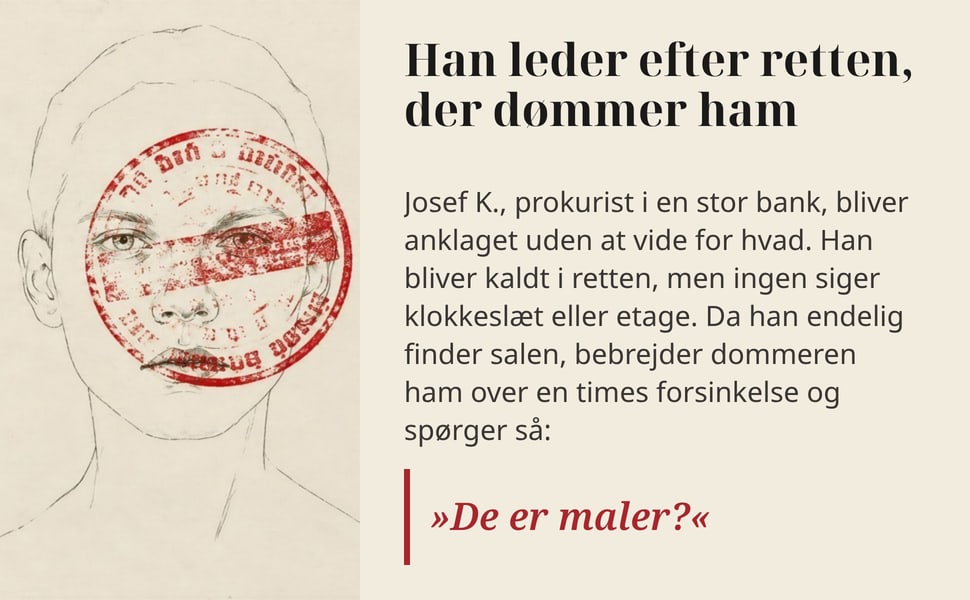 Han leder efter retten, der dømmer ham. Josef K., prokurist i en stor bank, bliver anklaget uden at vide for hvad. Han bliver kaldt i retten, men ingen siger klokkeslæt eller etage. Da han endelig finder salen…
