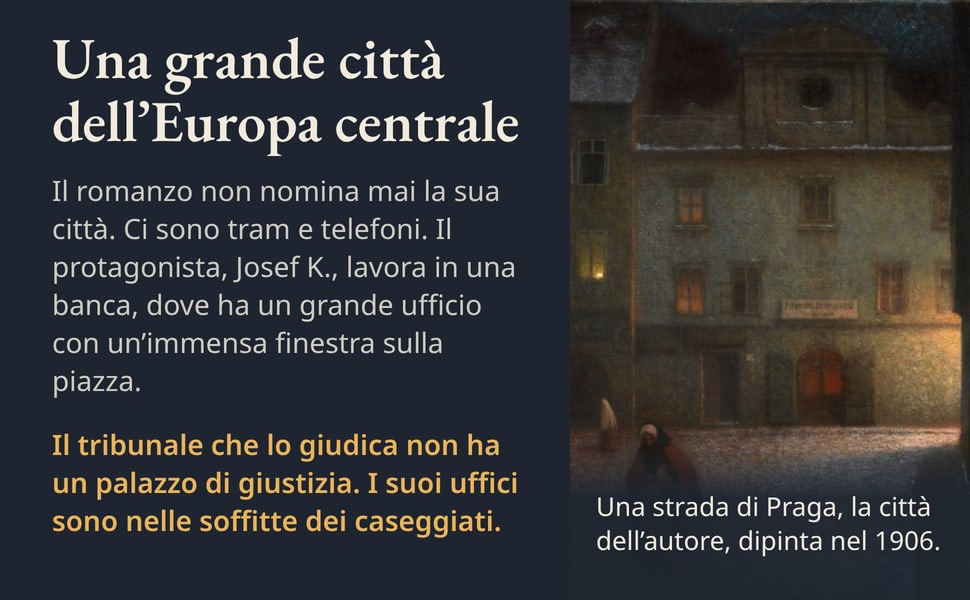 Una grande città dell’Europa centrale. Il romanzo non nomina mai la sua città. Ci sono tram e telefoni. Il protagonista, Josef K., lavora in una banca, dove ha un grande ufficio con un’immensa finestra sulla piazza.
