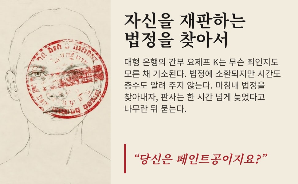 자신을 재판하는 법정을 찾아서. 대형 은행의 간부 요제프 K는 무슨 죄인지도 모른 채 기소된다. 법정에 소환되지만 시간도 층수도 알려 주지 않는다. 마침내 법정을 찾아내자, 판사는 한 시간 넘게 늦었다고 나무란 뒤 묻는다.