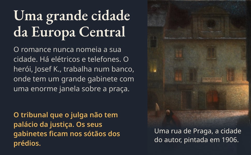 Uma grande cidade da Europa Central. O romance nunca nomeia a sua cidade. Há elétricos e telefones. O herói, Josef K., trabalha num banco, onde tem um grande gabinete com uma enorme janela sobre a praça.