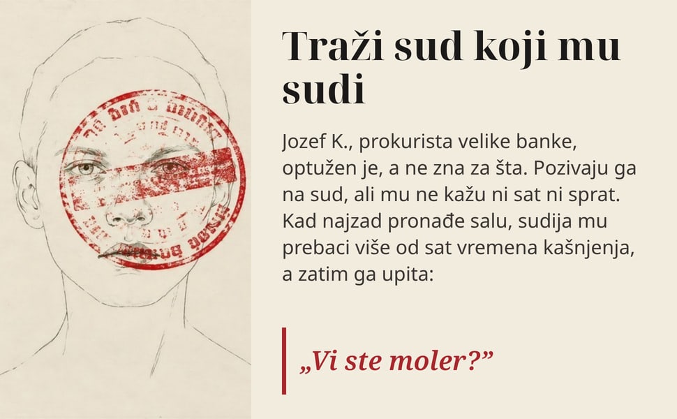 Traži sud koji mu sudi. Jozef K., prokurista velike banke, optužen je, a ne zna za šta. Pozivaju ga na sud, ali mu ne kažu ni sat ni sprat. Kad najzad pronađe salu, sudija mu prebaci više od sat vremena kašnjenja, a…