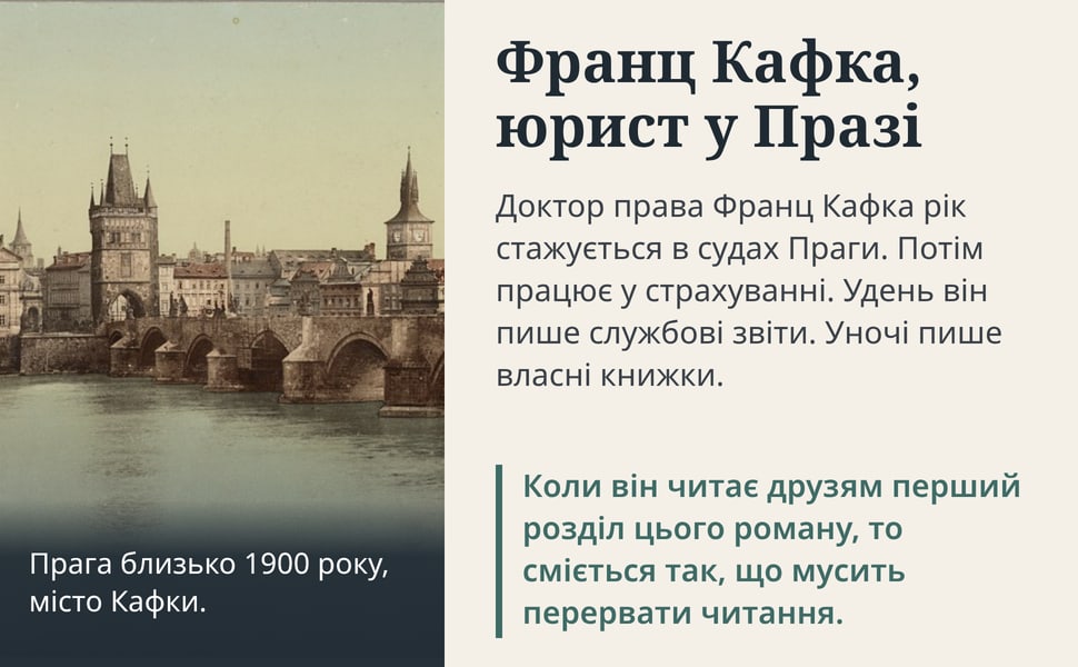 Франц Кафка, юрист у Празі. Доктор права Франц Кафка рік стажується в судах Праги. Потім працює у страхуванні. Удень він пише службові звіти. Уночі пише власні книжки.