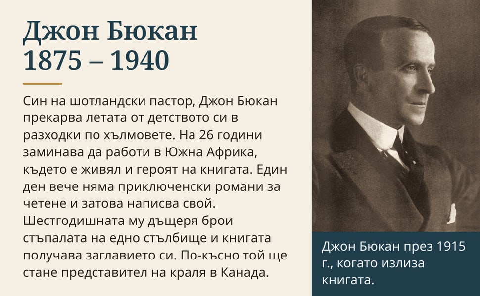 Джон Бюкан 1875 – 1940. Син на шотландски пастор, Джон Бюкан прекарва летата от детството си в разходки по хълмовете. На 26 години заминава да работи в Южна Африка, където е живял и героят на книгата. Един ден вече…