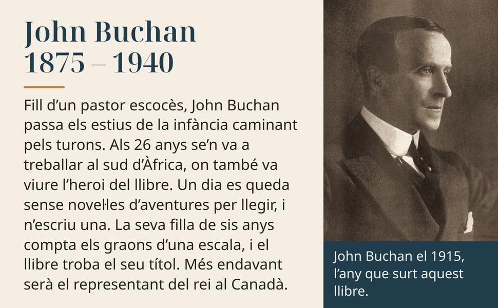 John Buchan 1875 – 1940. Fill d’un pastor escocès, John Buchan passa els estius de la infància caminant pels turons. Als 26 anys se’n va a treballar al sud d’Àfrica, on també va viure l’heroi del llibre. Un dia es…