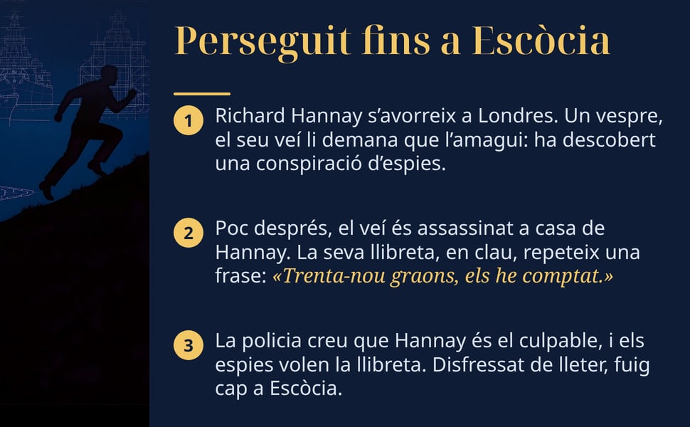 Perseguit fins a Escòcia. Richard Hannay s’avorreix a Londres. Un vespre, el seu veí li demana que l’amagui: ha descobert una conspiració d’espies.