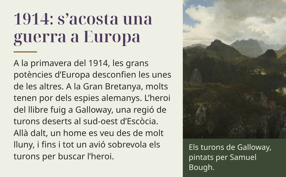 1914: s’acosta una guerra a Europa. A la primavera del 1914, les grans potències d’Europa desconfien les unes de les altres. A la Gran Bretanya, molts tenen por dels espies alemanys. L’heroi del llibre fuig a Galloway…