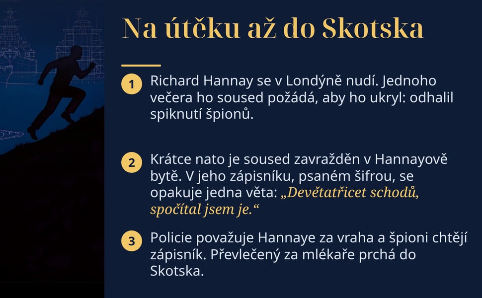 Na útěku až do Skotska. Richard Hannay se v Londýně nudí. Jednoho večera ho soused požádá, aby ho ukryl: odhalil spiknutí špionů.