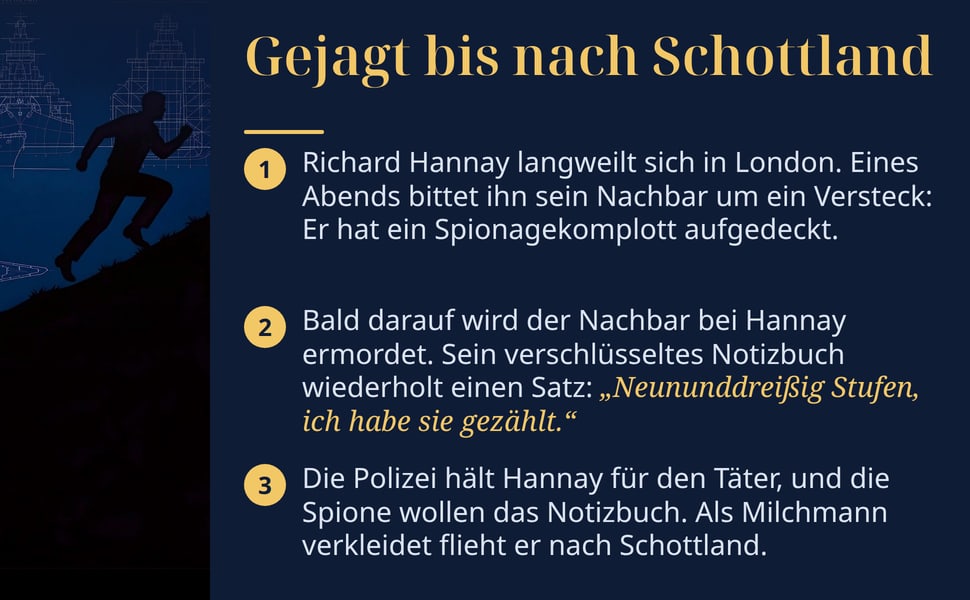 Gejagt bis nach Schottland. Richard Hannay langweilt sich in London. Eines Abends bittet ihn sein Nachbar um ein Versteck: Er hat ein Spionagekomplott aufgedeckt.