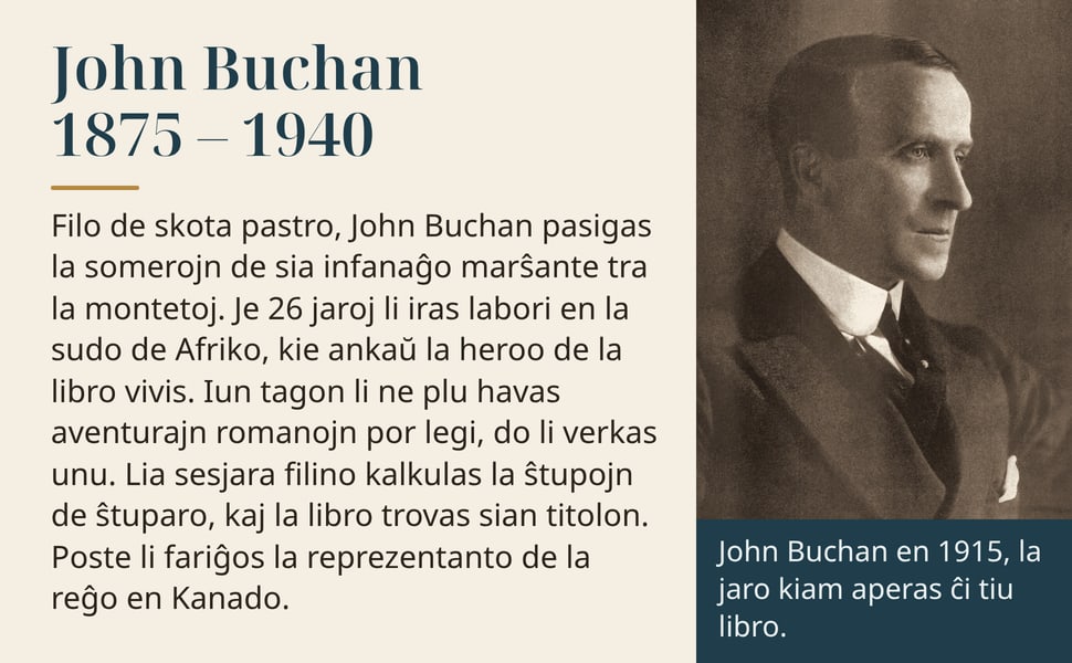 John Buchan 1875 – 1940. Filo de skota pastro, John Buchan pasigas la somerojn de sia infanaĝo marŝante tra la montetoj. Je 26 jaroj li iras labori en la sudo de Afriko, kie ankaŭ la heroo de la libro vivis. Iun tagon…
