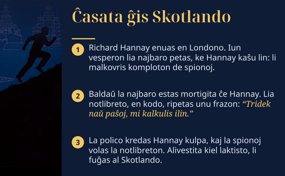 Ĉasata ĝis Skotlando. Richard Hannay enuas en Londono. Iun vesperon lia najbaro petas, ke Hannay kaŝu lin: li malkovris komploton de spionoj.