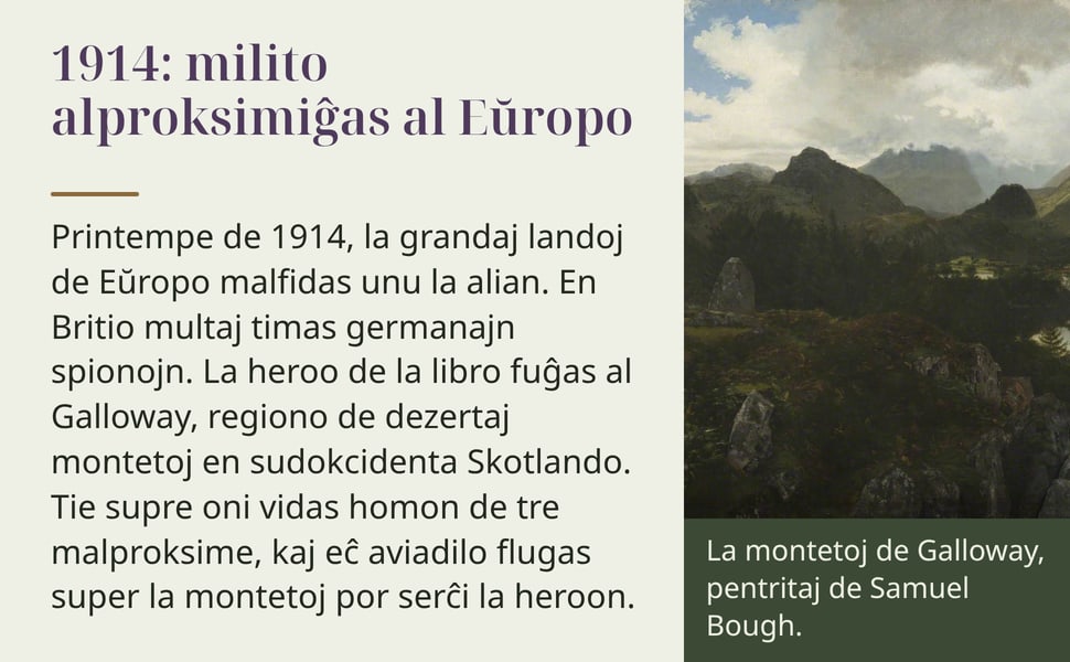 1914: milito alproksimiĝas al Eŭropo. Printempe de 1914, la grandaj landoj de Eŭropo malfidas unu la alian. En Britio multaj timas germanajn spionojn. La heroo de la libro fuĝas al Galloway, regiono de dezertaj…