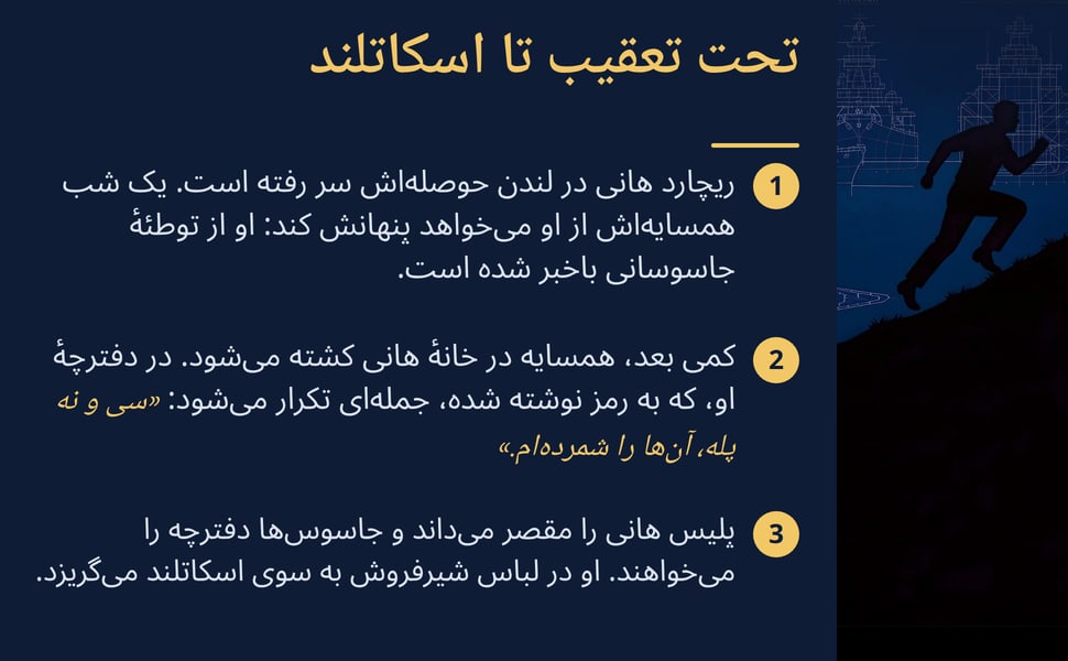 تحت تعقیب تا اسکاتلند. ریچارد هانی در لندن حوصلهاش سر رفته است. یک شب همسایهاش از او میخواهد پنهانش کند: او از توطئهٔ جاسوسانی باخبر شده است.