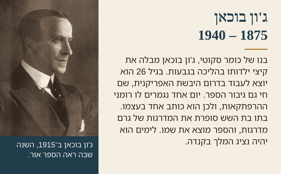 ג'ון בוכאן 1875 – 1940. בנו של כומר סקוטי, ג'ון בוכאן מבלה את קיצי ילדותו בהליכה בגבעות. בגיל 26 הוא יוצא לעבוד בדרום היבשת האפריקנית, שם חי גם גיבור הספר. יום אחד נגמרים לו רומני ההרפתקאות, ולכן הוא כותב אחד בעצמו.…