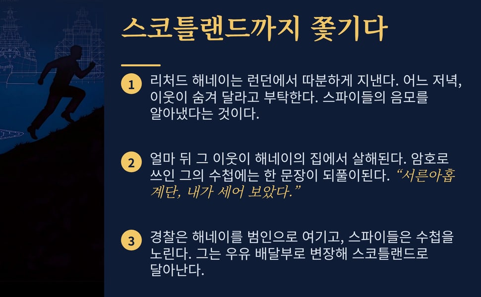 스코틀랜드까지 쫓기다. 리처드 해네이는 런던에서 따분하게 지낸다. 어느 저녁, 이웃이 숨겨 달라고 부탁한다. 스파이들의 음모를 알아냈다는 것이다.