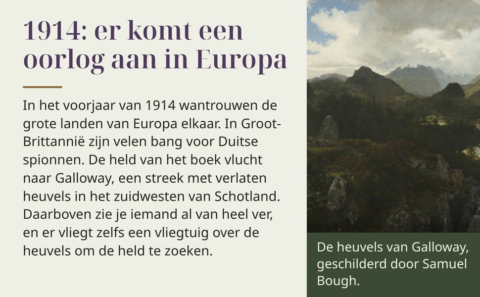 1914: er komt een oorlog aan in Europa. In het voorjaar van 1914 wantrouwen de grote landen van Europa elkaar. In Groot-Brittannië zijn velen bang voor Duitse spionnen. De held van het boek vlucht naar Galloway, een…