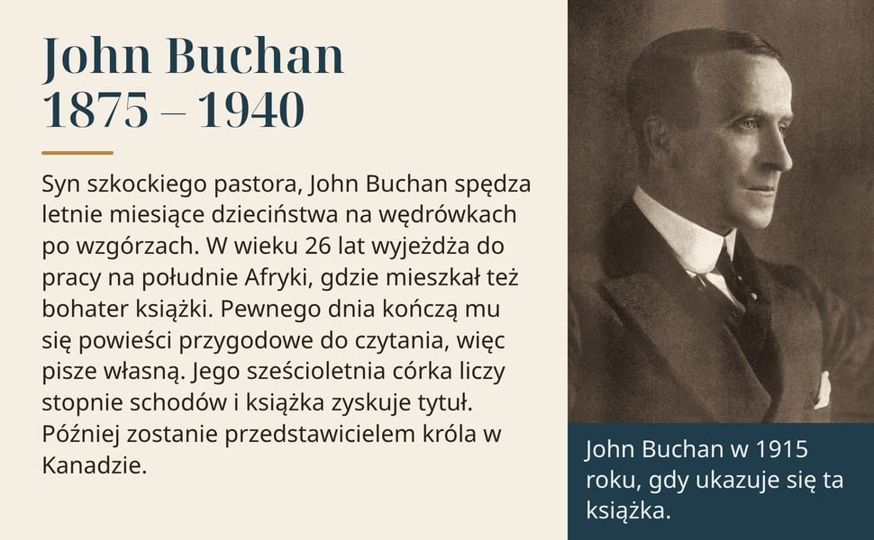 John Buchan 1875 – 1940. Syn szkockiego pastora, John Buchan spędza letnie miesiące dzieciństwa na wędrówkach po wzgórzach. W wieku 26 lat wyjeżdża do pracy na południe Afryki, gdzie mieszkał też bohater książki.…