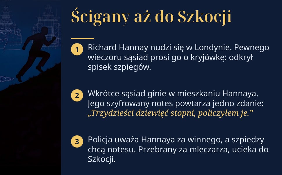 Ścigany aż do Szkocji. Richard Hannay nudzi się w Londynie. Pewnego wieczoru sąsiad prosi go o kryjówkę: odkrył spisek szpiegów.