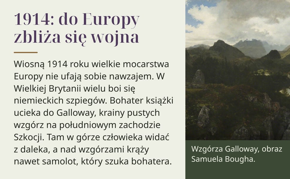 1914: do Europy zbliża się wojna. Wiosną 1914 roku wielkie mocarstwa Europy nie ufają sobie nawzajem. W Wielkiej Brytanii wielu boi się niemieckich szpiegów. Bohater książki ucieka do Galloway, krainy pustych wzgórz na…
