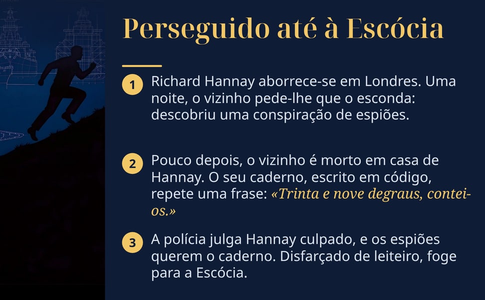 Perseguido até à Escócia. Richard Hannay aborrece-se em Londres. Uma noite, o vizinho pede-lhe que o esconda: descobriu uma conspiração de espiões.