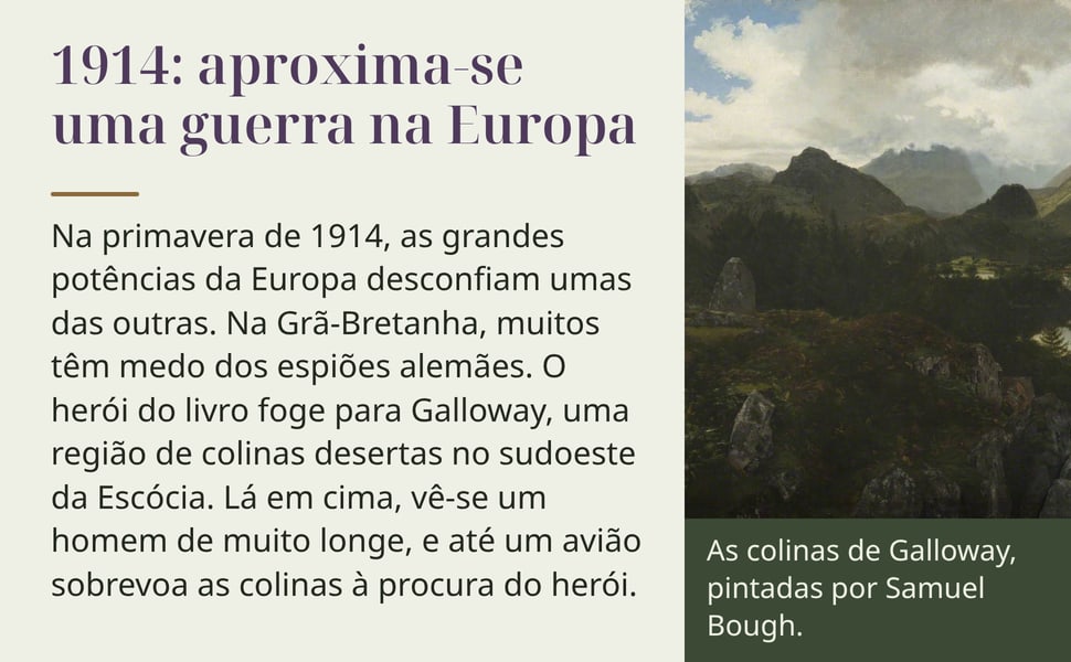 1914: aproxima-se uma guerra na Europa. Na primavera de 1914, as grandes potências da Europa desconfiam umas das outras. Na Grã-Bretanha, muitos têm medo dos espiões alemães. O herói do livro foge para Galloway, uma…