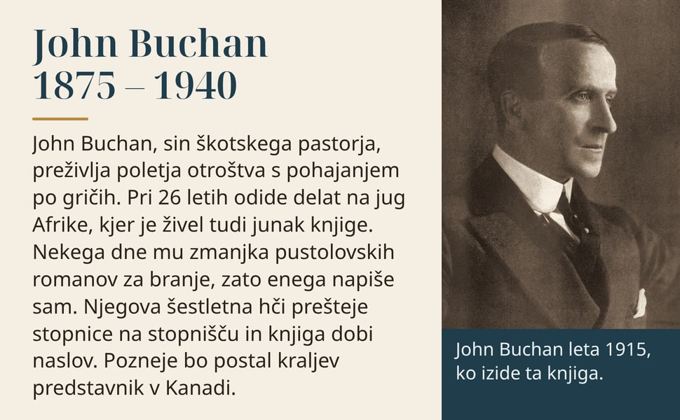 John Buchan 1875 – 1940. John Buchan, sin škotskega pastorja, preživlja poletja otroštva s pohajanjem po gričih. Pri 26 letih odide delat na jug Afrike, kjer je živel tudi junak knjige. Nekega dne mu zmanjka…