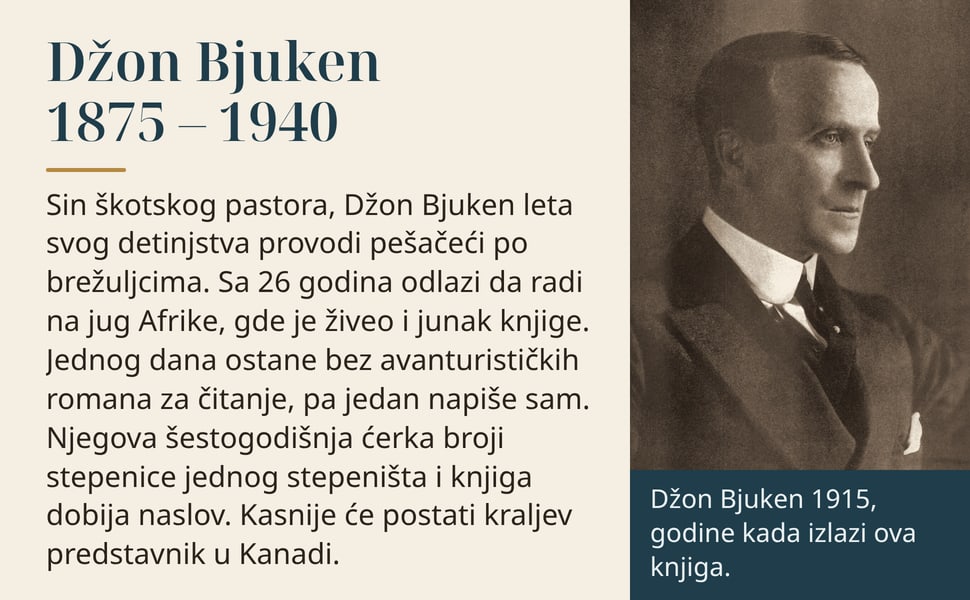 Džon Bjuken 1875 – 1940. Sin škotskog pastora, Džon Bjuken leta svog detinjstva provodi pešačeći po brežuljcima. Sa 26 godina odlazi da radi na jug Afrike, gde je živeo i junak knjige. Jednog dana ostane bez…
