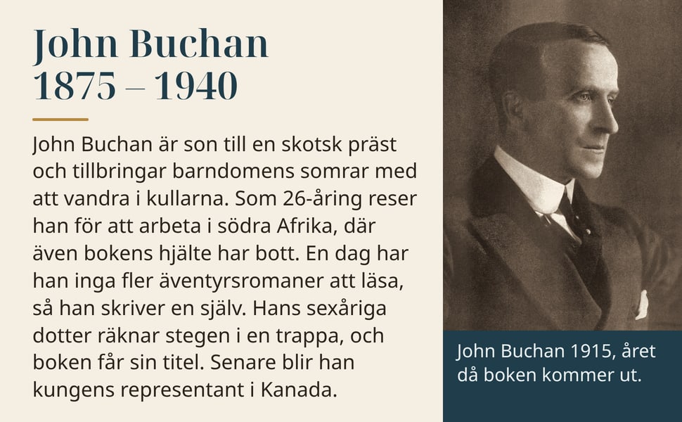 John Buchan 1875 – 1940. John Buchan är son till en skotsk präst och tillbringar barndomens somrar med att vandra i kullarna. Som 26-åring reser han för att arbeta i södra Afrika, där även bokens hjälte har bott. En…