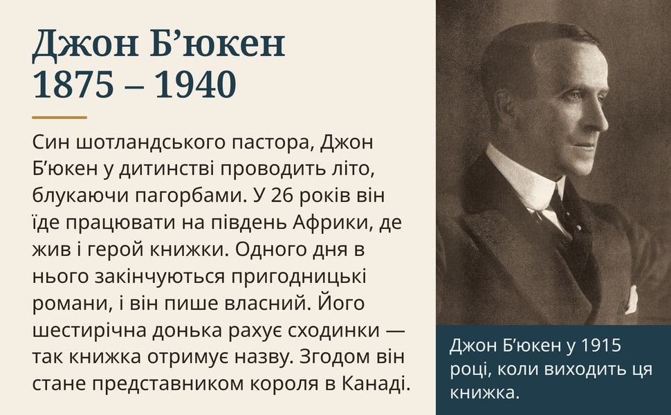 Джон Б’юкен 1875 – 1940. Син шотландського пастора, Джон Б’юкен у дитинстві проводить літо, блукаючи пагорбами. У 26 років він їде працювати на південь Африки, де жив і герой книжки. Одного дня в нього закінчуються…