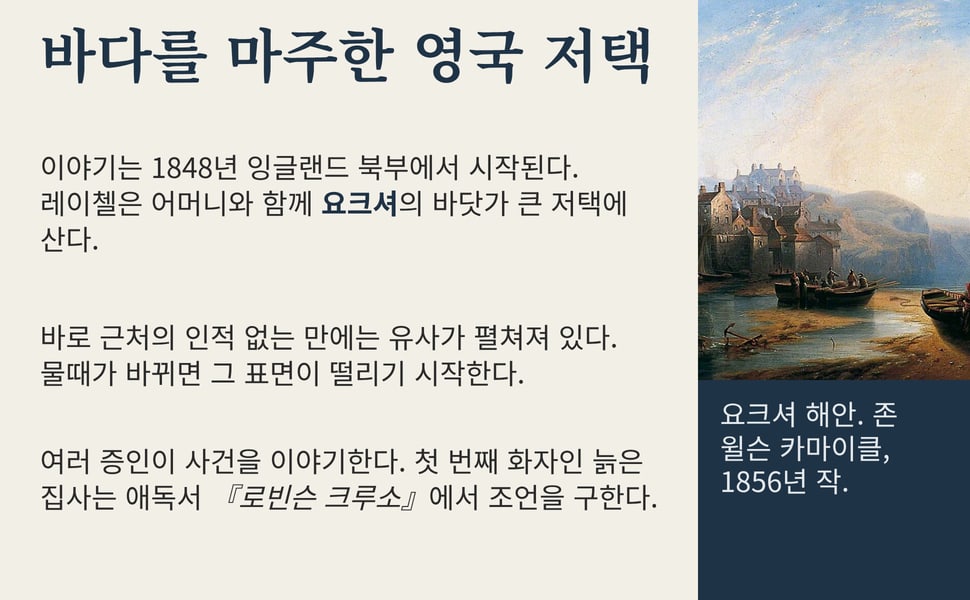 바다를 마주한 영국 저택. 이야기는 1848년 잉글랜드 북부에서 시작된다. 레이첼은 어머니와 함께 요크셔의 바닷가 큰 저택에 산다.