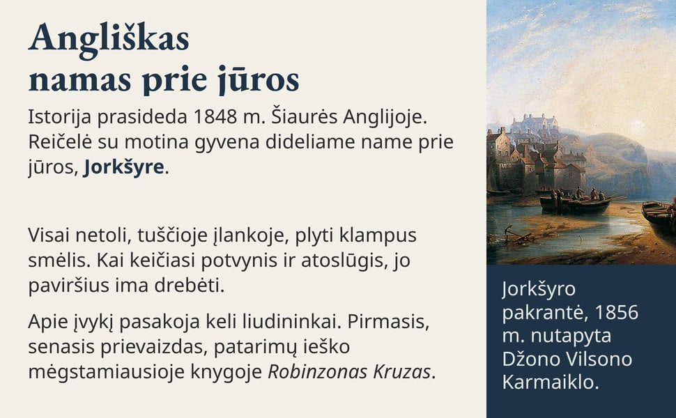 Angliškas namas prie jūros. Istorija prasideda 1848 m. Šiaurės Anglijoje. Reičelė su motina gyvena dideliame name prie jūros, Jorkšyre.