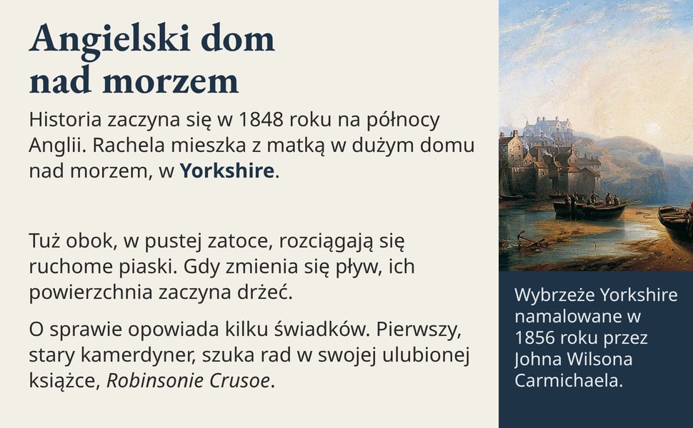 Angielski dom nad morzem. Historia zaczyna się w 1848 roku na północy Anglii. Rachela mieszka z matką w dużym domu nad morzem, w Yorkshire.