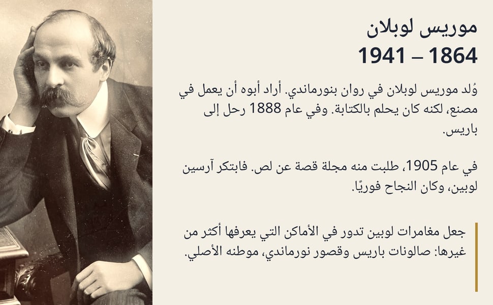 موريس لوبلان 1864 – 1941. وُلد موريس لوبلان في روان بنورماندي. أراد أبوه أن يعمل في مصنع، لكنه كان يحلم بالكتابة. وفي عام 1888 رحل إلى باريس.