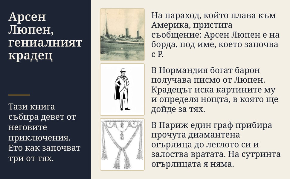 Арсен Люпен, гениалният крадец. Тази книга събира девет от неговите приключения. Ето как започват три от тях.