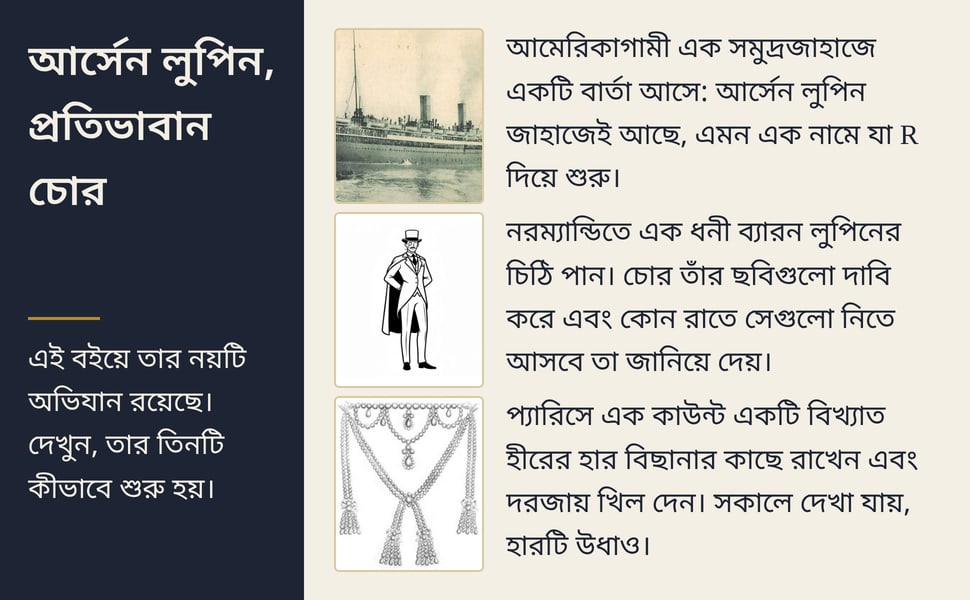 আর্সেন লুপিন, প্রতিভাবান চোর. এই বইয়ে তার নয়টি অভিযান রয়েছে। দেখুন, তার তিনটি কীভাবে শুরু হয়।.