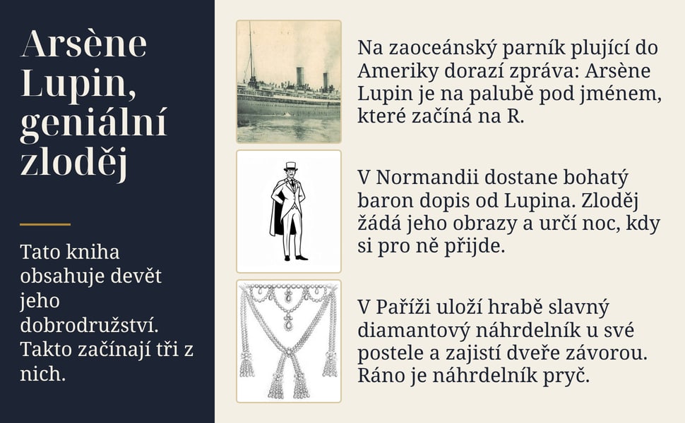 Arsène Lupin, geniální zloděj. Tato kniha obsahuje devět jeho dobrodružství. Takto začínají tři z nich.