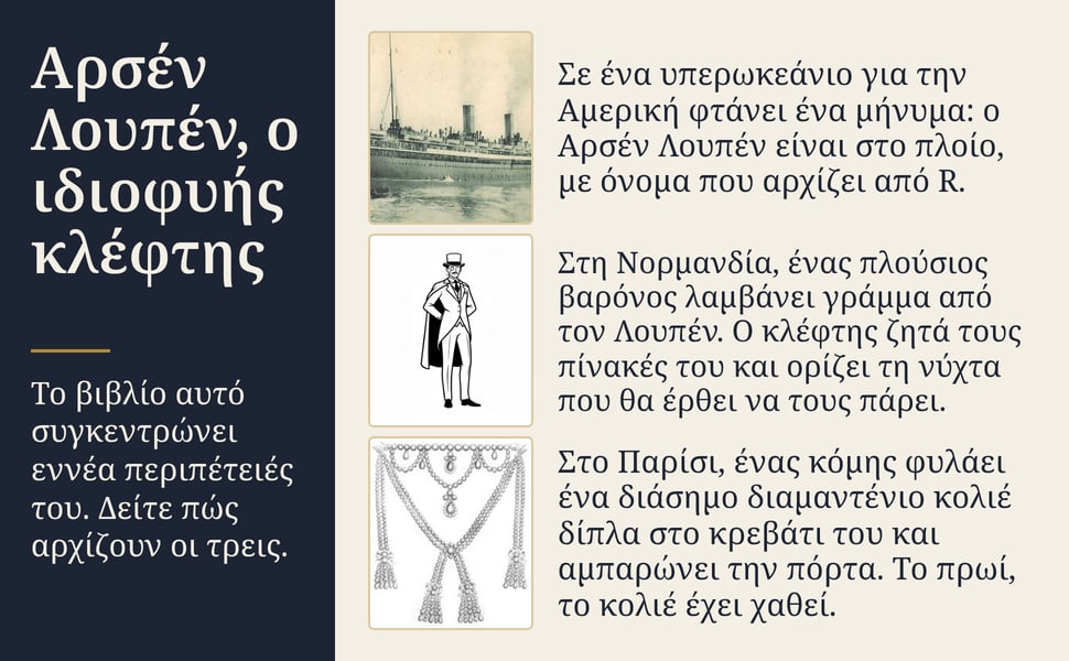 Αρσέν Λουπέν, ο ιδιοφυής κλέφτης. Το βιβλίο αυτό συγκεντρώνει εννέα περιπέτειές του. Δείτε πώς αρχίζουν οι τρεις.
