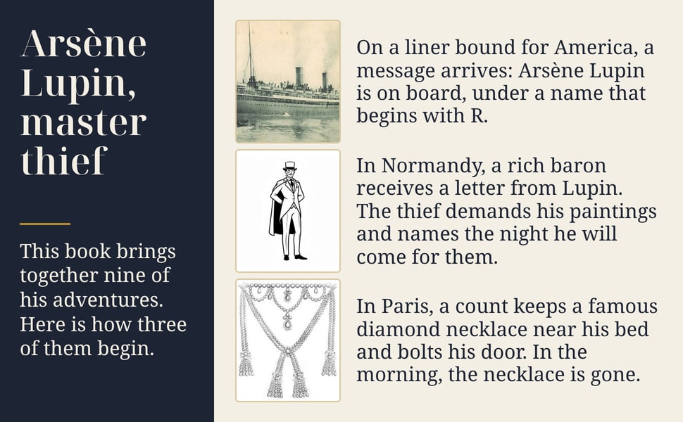 Arsène Lupin, master thief. This book brings together nine of his adventures. Here is how three of them begin.