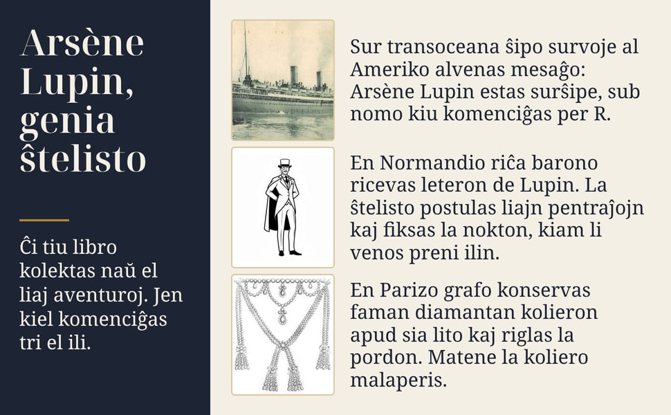 Arsène Lupin, genia ŝtelisto. Ĉi tiu libro kolektas naŭ el liaj aventuroj. Jen kiel komenciĝas tri el ili.