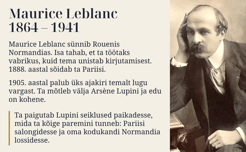 Maurice Leblanc 1864 – 1941. Maurice Leblanc sünnib Rouenis Normandias. Isa tahab, et ta töötaks vabrikus, kuid tema unistab kirjutamisest. 1888. aastal sõidab ta Pariisi.