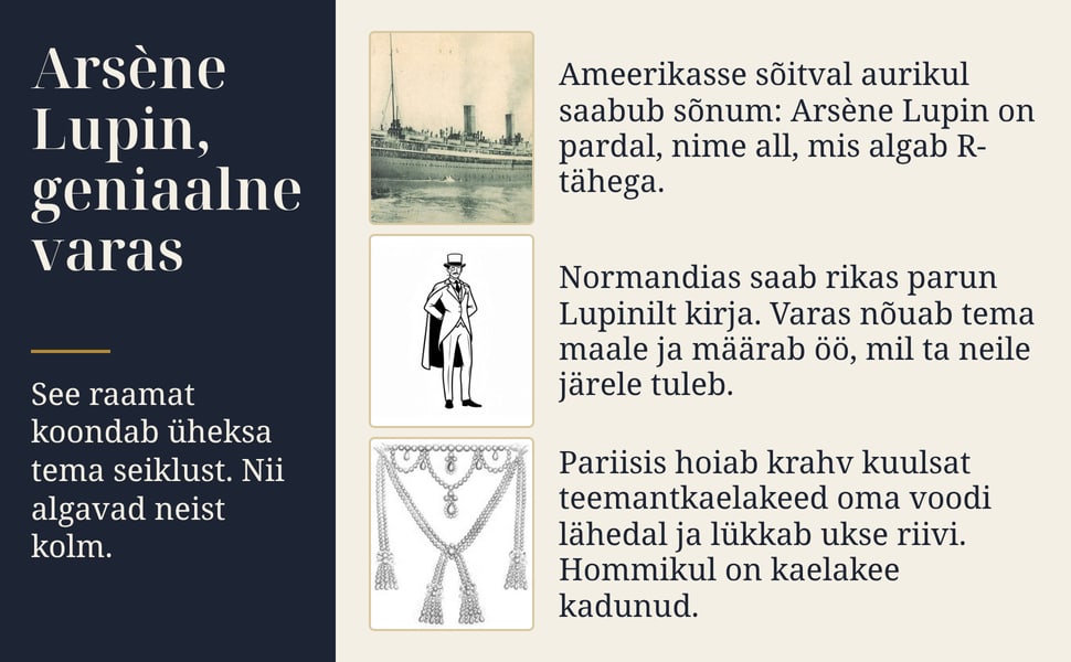 Arsène Lupin, geniaalne varas. See raamat koondab üheksa tema seiklust. Nii algavad neist kolm.