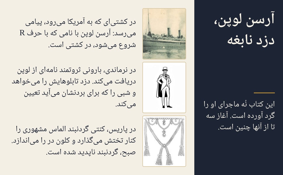 آرسن لوپن، دزد نابغه. این کتاب نُه ماجرای او را گرد آورده است. آغاز سه تا از آنها چنین است.