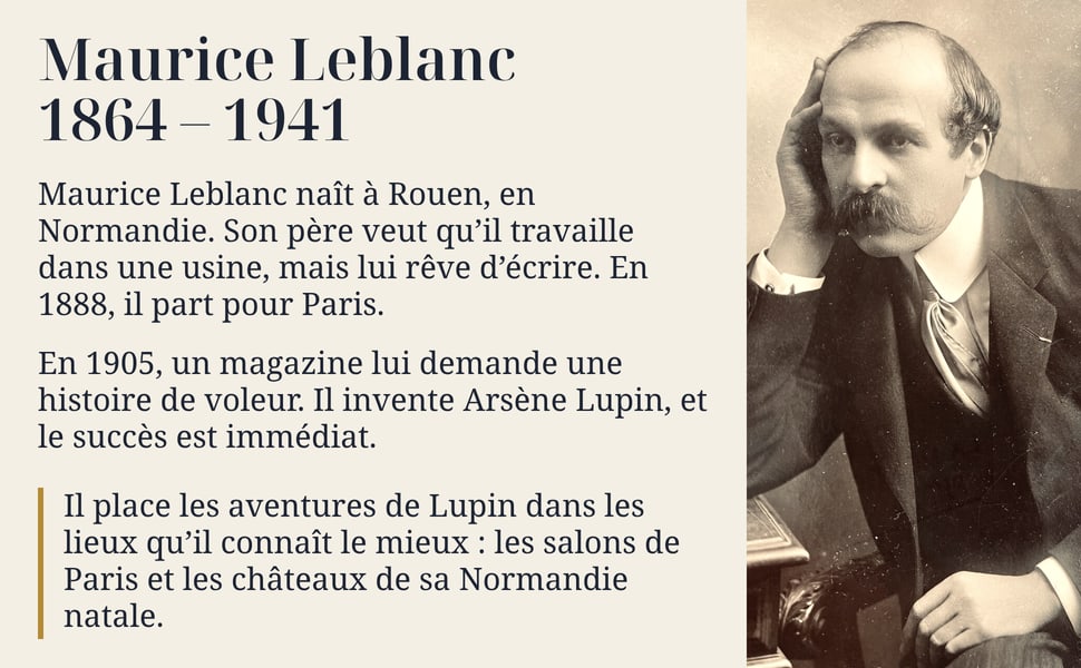 Maurice Leblanc, 1864 – 1941. Maurice Leblanc naît à Rouen, en Normandie. Son père veut qu’il travaille dans une usine, mais lui rêve d’écrire. En 1888, il part pour Paris. En 1905, un magazine lui demande une histoire de voleur. Il invente Arsène Lupin, et le succès est immédiat. Il place les aventures de Lupin dans les lieux qu’il connaît le mieux : les salons de Paris et les châteaux de sa Normandie natale.