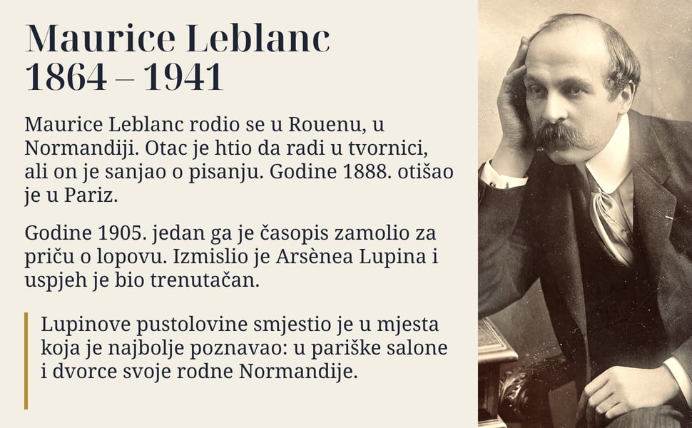 Maurice Leblanc 1864 – 1941. Maurice Leblanc rodio se u Rouenu, u Normandiji. Otac je htio da radi u tvornici, ali on je sanjao o pisanju. Godine 1888. otišao je u Pariz.