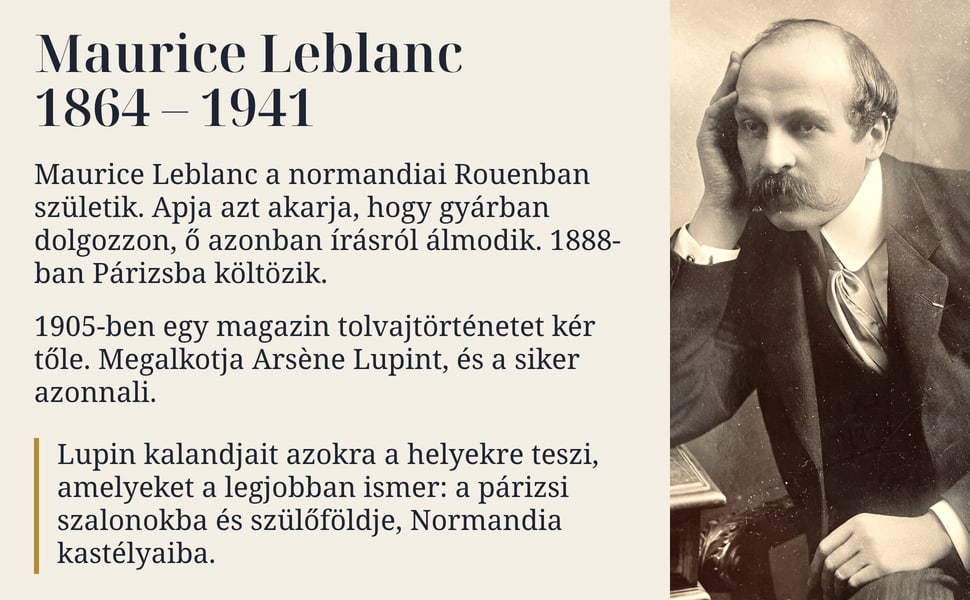 Maurice Leblanc 1864 – 1941. Maurice Leblanc a normandiai Rouenban születik. Apja azt akarja, hogy gyárban dolgozzon, ő azonban írásról álmodik. 1888-ban Párizsba költözik.