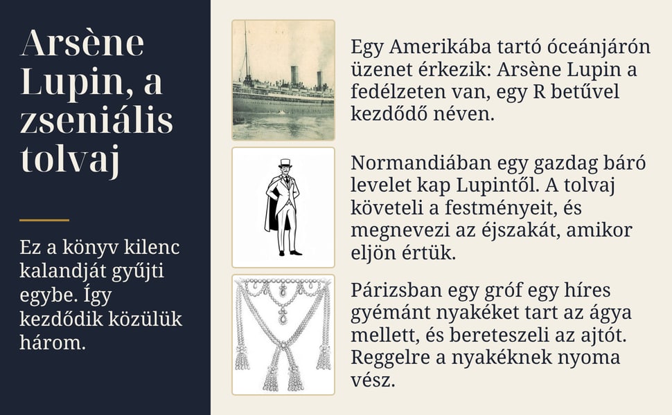 Arsène Lupin, a zseniális tolvaj. Ez a könyv kilenc kalandját gyűjti egybe. Így kezdődik közülük három.