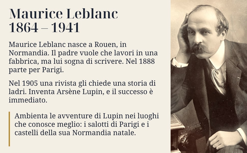 Maurice Leblanc 1864 – 1941. Maurice Leblanc nasce a Rouen, in Normandia. Il padre vuole che lavori in una fabbrica, ma lui sogna di scrivere. Nel 1888 parte per Parigi.