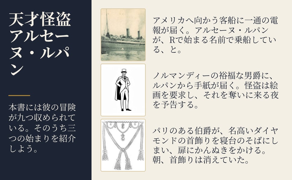 天才怪盗アルセーヌ・ルパン。本書には彼の冒険が九つ収められている。そのうち三つの始まりを紹介しよう。