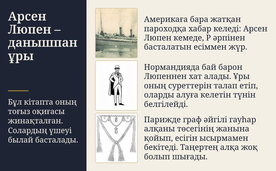 Арсен Люпен – данышпан ұры. Бұл кітапта оның тоғыз оқиғасы жинақталған. Солардың үшеуі былай басталады.